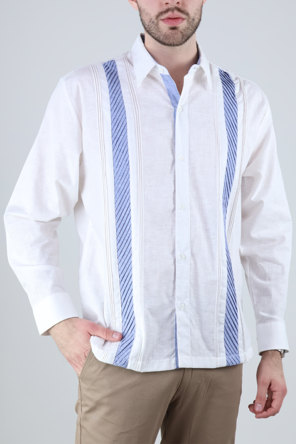Camisa Hombre Tipo Guayabera Formal Manga Larga Con Contraste Detalle Alforzas